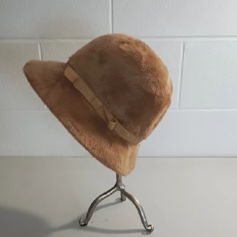 Shari Creations Soft Tan Fur Bucket Hat Grosgrain Hat Band